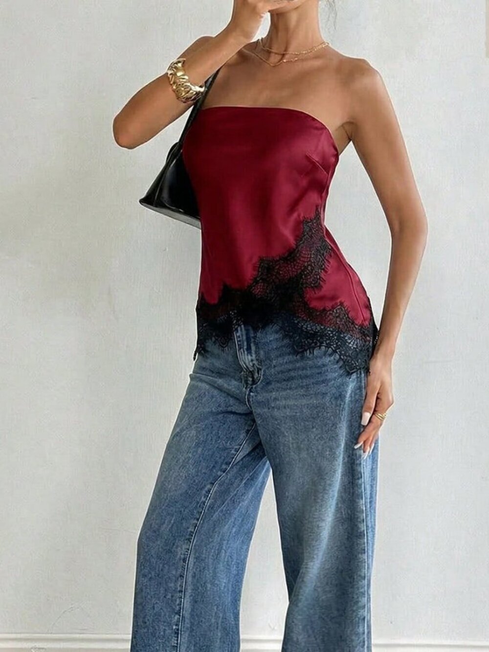 Burgundy Casual Women's Satin Lace Trim Bandeau Top